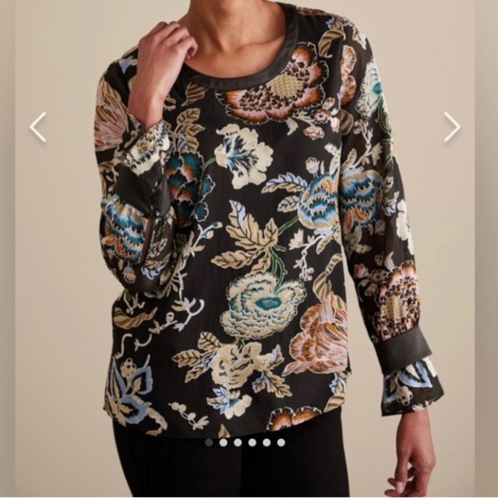 Soft Surroundings Deanna Blouse Sz L Metallic Shimmer Floral Asian Keyhole Lined - Picture 2 of 16